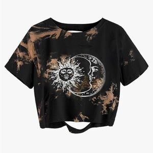 Women Sun Moon Graphic Distressed Crop Top Oversized Short Sleeve Ripped Tshirt